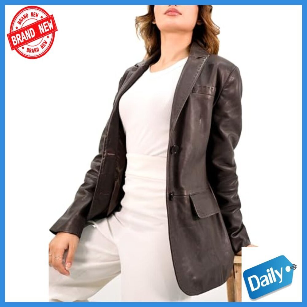 Genuine Leather Blazer Jacket Women Tailored Fit Notch Lapel Button Front - Picture 4 of 5
